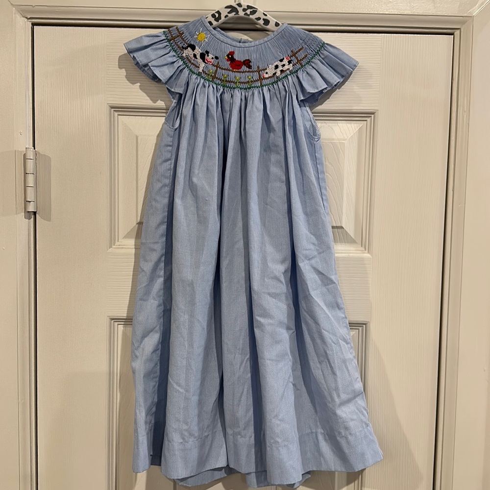 Blue & White smocked farm animal dress. Size 2T